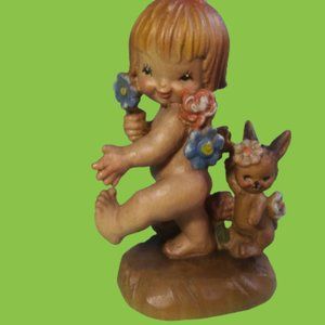 Vintage wood carving Anri Italy by artist Ferrandiz Nature's child with rabbit